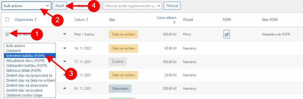 Toret FOFR – Hromadné podání zásilek z přehledu objednávek