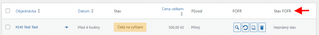 Toret FOFR – stav zásilky v přehledu objednávek