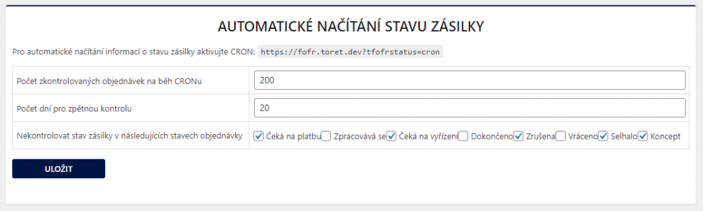 Toret FOFR – Automatické načítání stavu zásilky