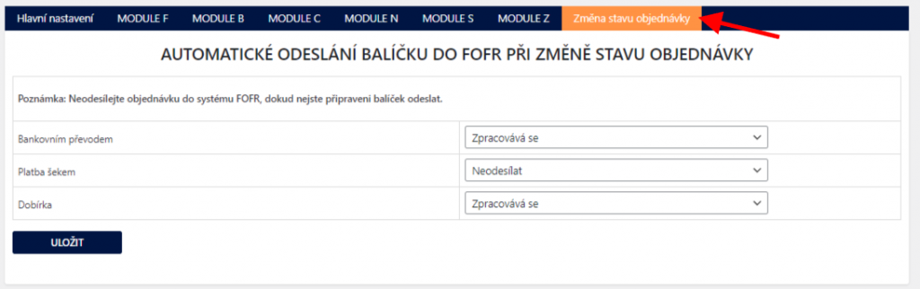 Toret FOFR – Automatické podání zásilky při změně stavu objednávky