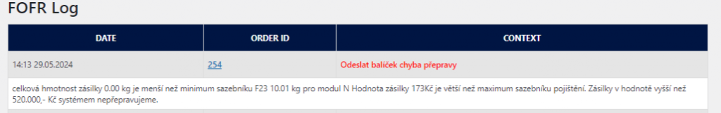 Toret FOFR – data v logu objednávky