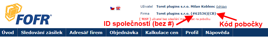 Toret Fofr – implementační údaje ID společnosti a Kód pobočky