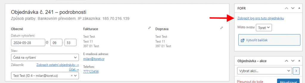 Toret FOFR – log v detailu objednávky