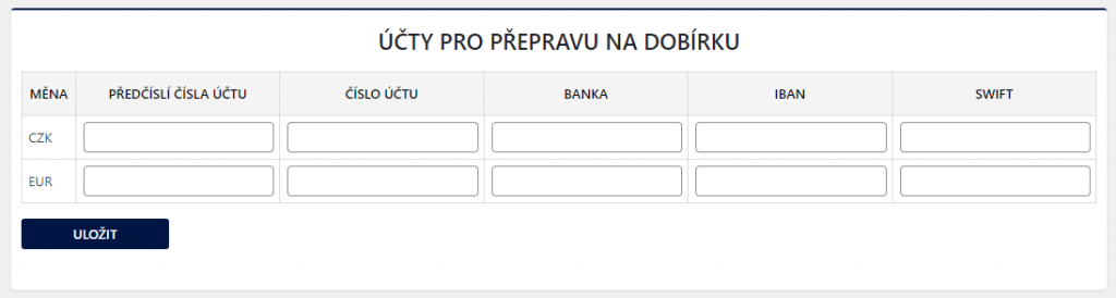 Toret FOFR – Nastavení bankovního účtu pro dobírku