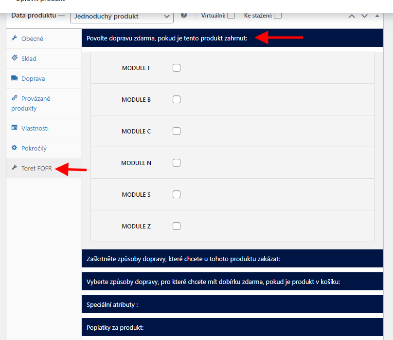 Toret FOFR – Nastavení dopravy zdarma na úrovni produktu