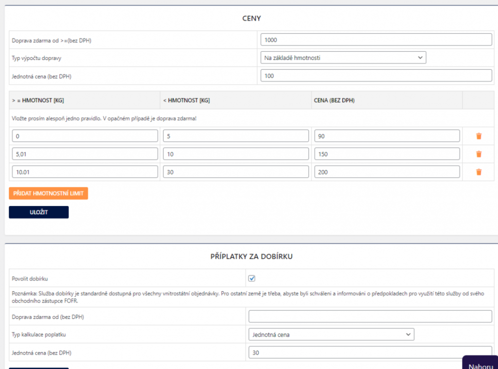 Toret FOFR – příklad nastavení ceny dopravy a dobírky