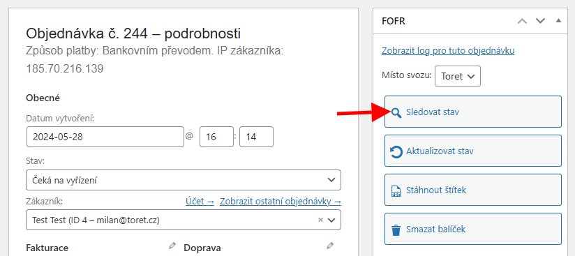 Toret FOFR – tlačítko pro sledování zásilky v detailu objednávky