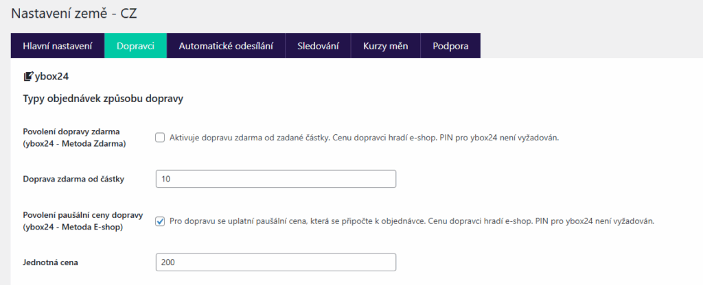 Toret plugin ybox24 - Typy objednávek způsobu dopravy