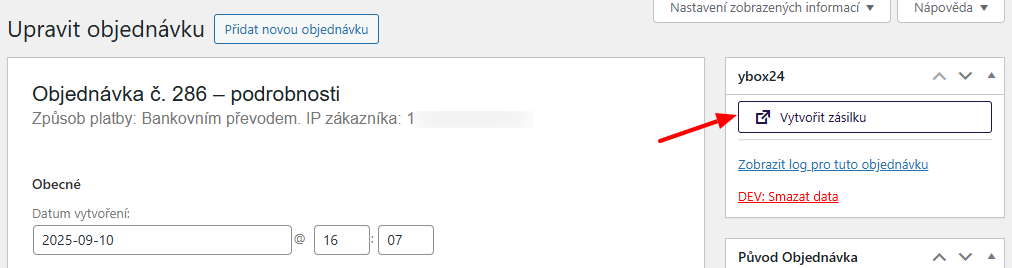 Plugin Toret ybox24 - podání zásilky z detailu objednávky