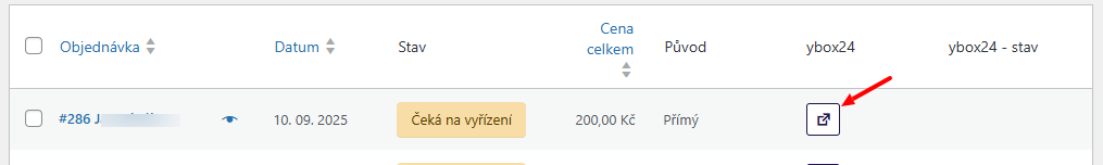 Plugin Toret ybox24 - podání zásilky z přehledu objednávek