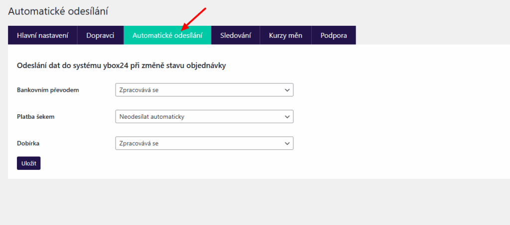Plugin Toret ybox24 - nastavení automatického podání zásilek