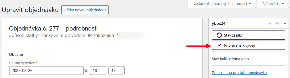 Plugin Toret ybox24 - manuální objednání svozu v detailu objednávky