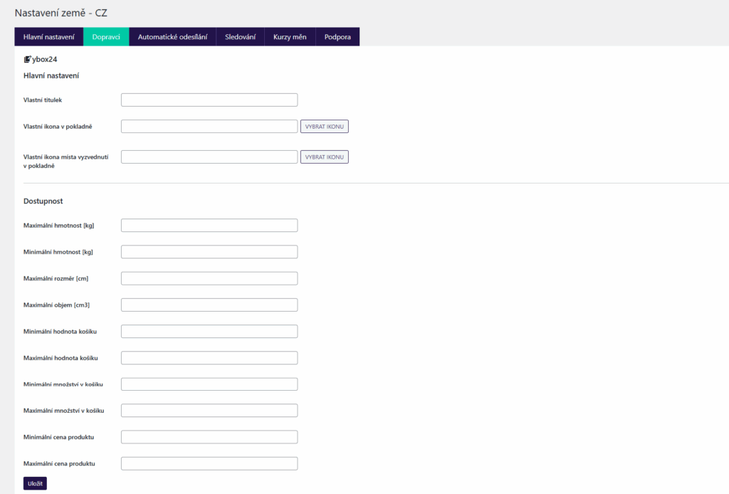Plugin Toret ybox24 - nastavení způsobu dopravy