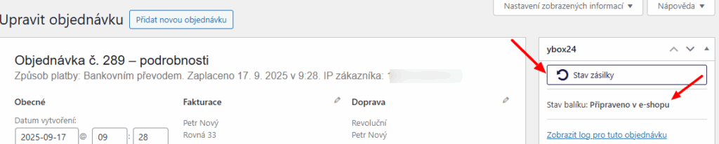 Plugin Toret ybox24 - sledování zásilky z detailu objednávky