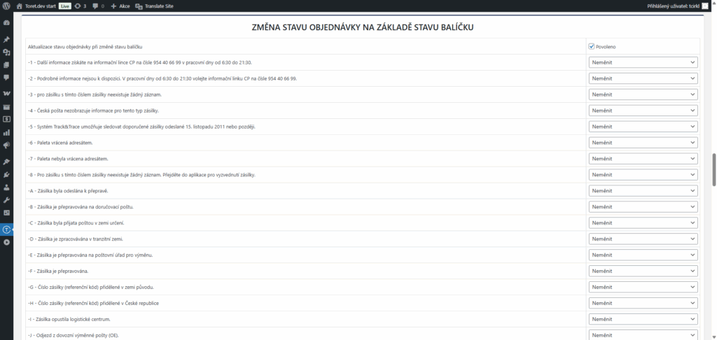 plugin Toret Česká pošta - nastavení automatické změny stavu objednávky na základě stavu zásilky v přepravě
