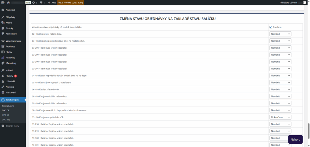 plugin Toret DPD - nastavení automatické změny stavu zásilky na základě stavu v přepravě