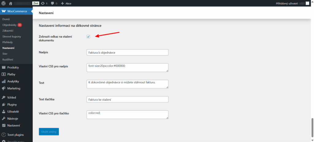 Plugin Vyfakturuj - Nastavení informací na děkovné stránce