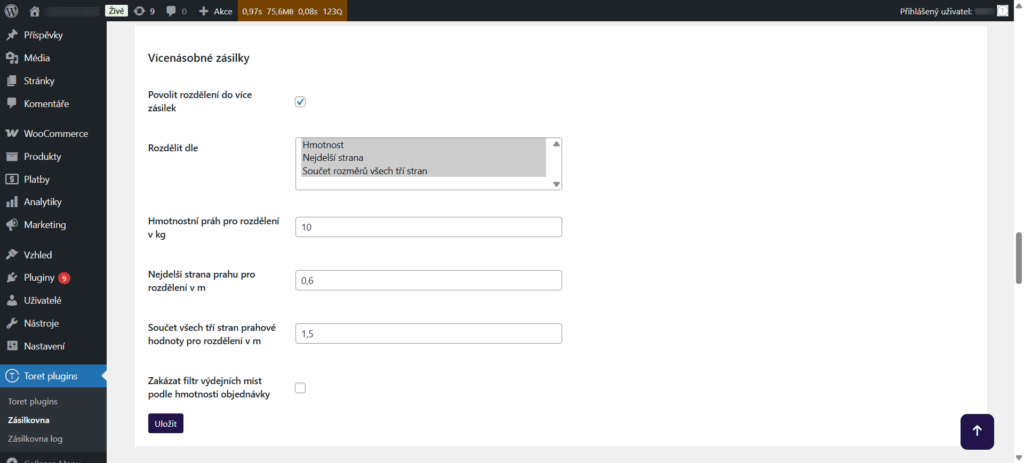 Plugin Toret Zásilkovna pro WooCommerce - nastavení automatického dělení objednávek do více zásilek