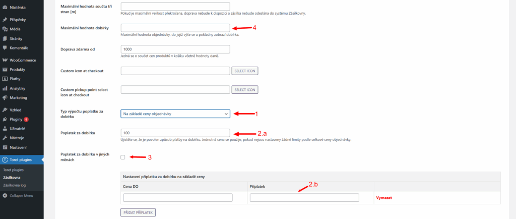 Plugin Toret Zásilkovna - nastavení dobírky