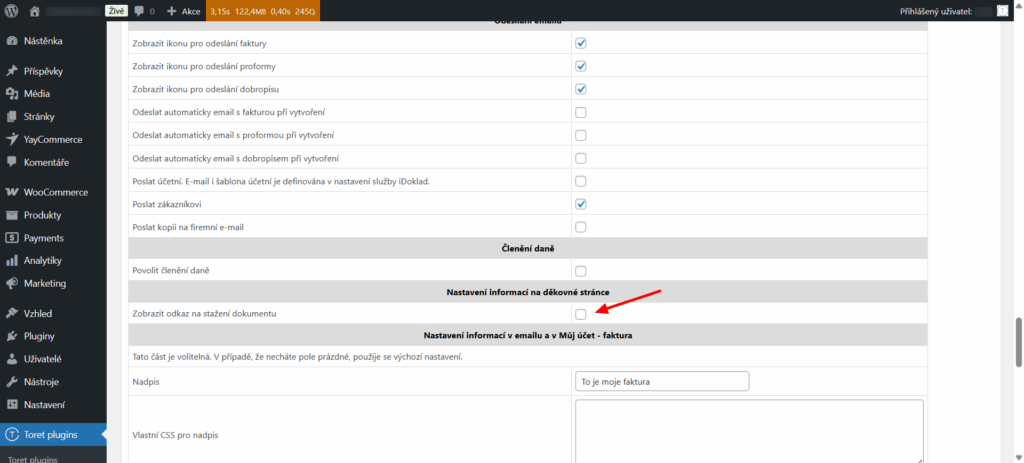 Plugin iDoklad pro WooCommerce - nastavení stažení dokumentu na děkovné stránce