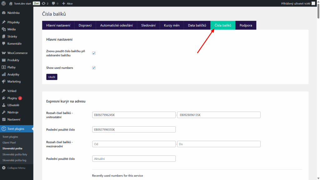 Plugin Toret Slovenská pošta - nastavení přidělených čísel balíků