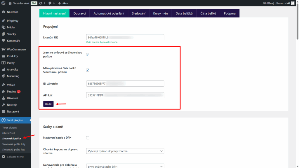 Plugin Toret Slovenská pošta - napojení na API Slovenské pošty - přístupové údaje
