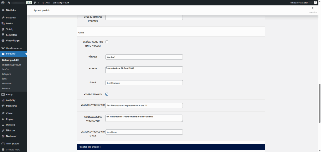 Plugin Toret Toolkit pro WooCommerce - nastavení modulu pro plnění GPSR
