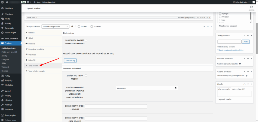 Plugin Toret Toolkit pro WooCommerce - nastavení modulu pro plnění GPSR