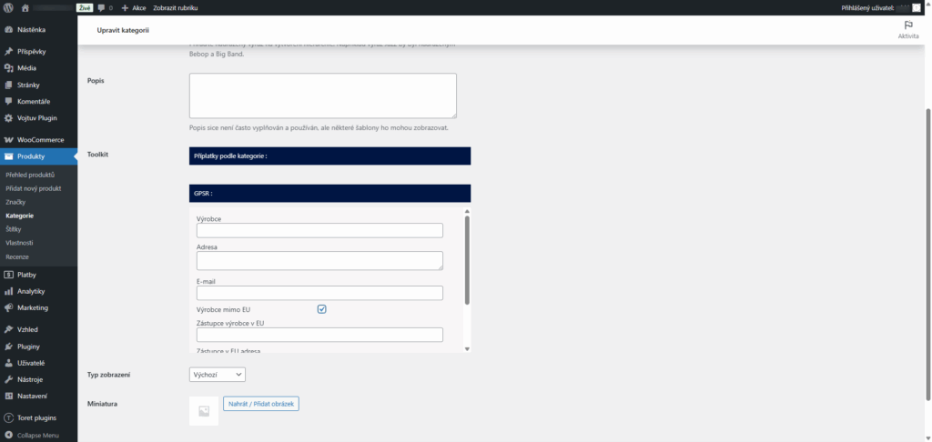 Plugin Toret Toolkit pro WooCommerce - nastavení modulu pro plnění GPSR