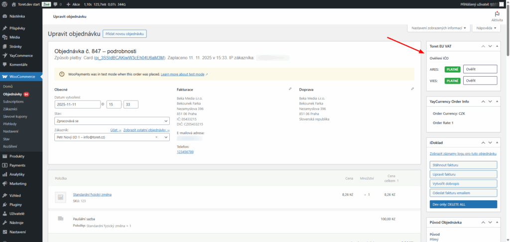 Plugin Toret EU VAT - manuální ověření v detailu objednávky