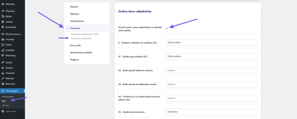 Plugin Toret GLS - změna stavu objednávky na základě změny stavu zásilky v přepravě