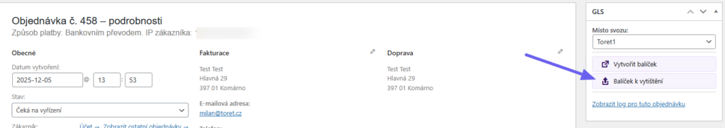 Plugin Toret GLS - balíček k vytištění