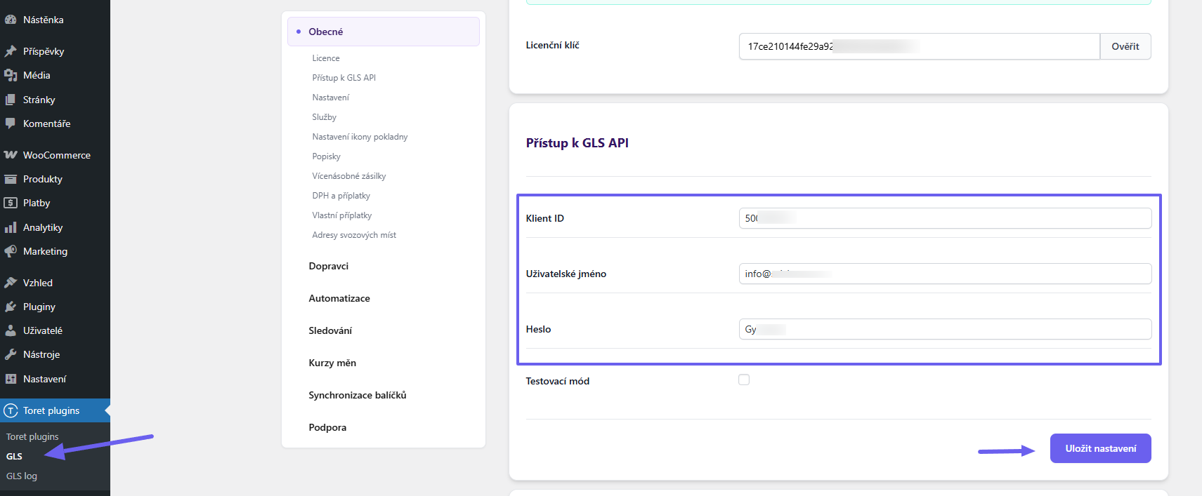 Plugin Toret GLS - napojení na GLS API