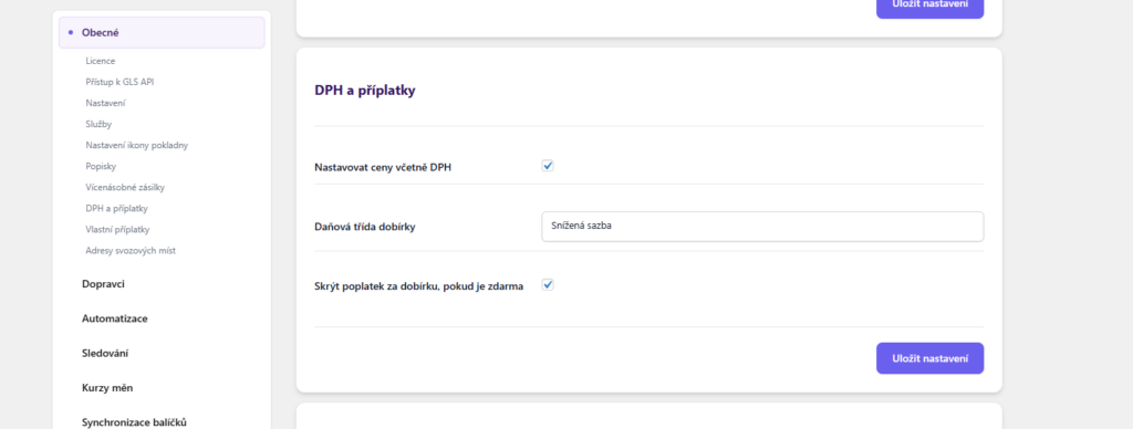 Plugin Toret GLS - nastavení DPH a příplatků