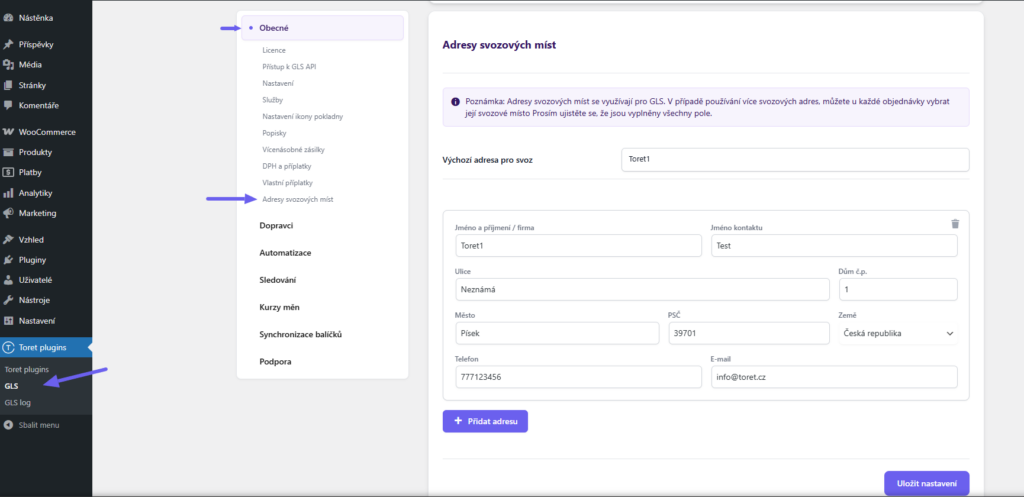 Plugin Toret GLS - nastavení adres svozu