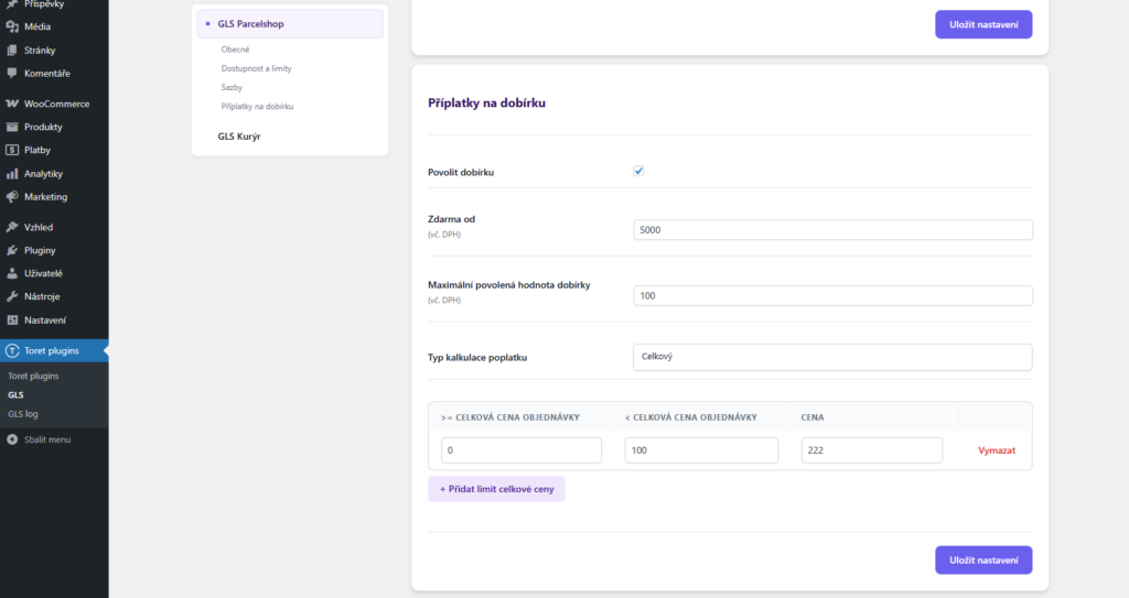 Plugin Toret GLS - nastavení dobírky
