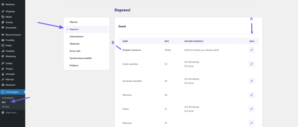 Plugin Toret GLS - nastavení dopravců