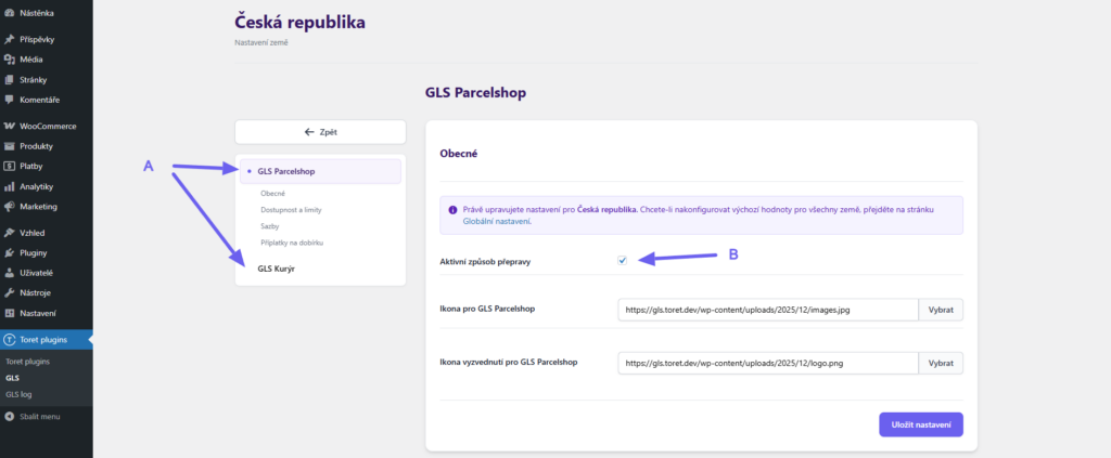 Plugin Toret GLS - nastavení dopravců