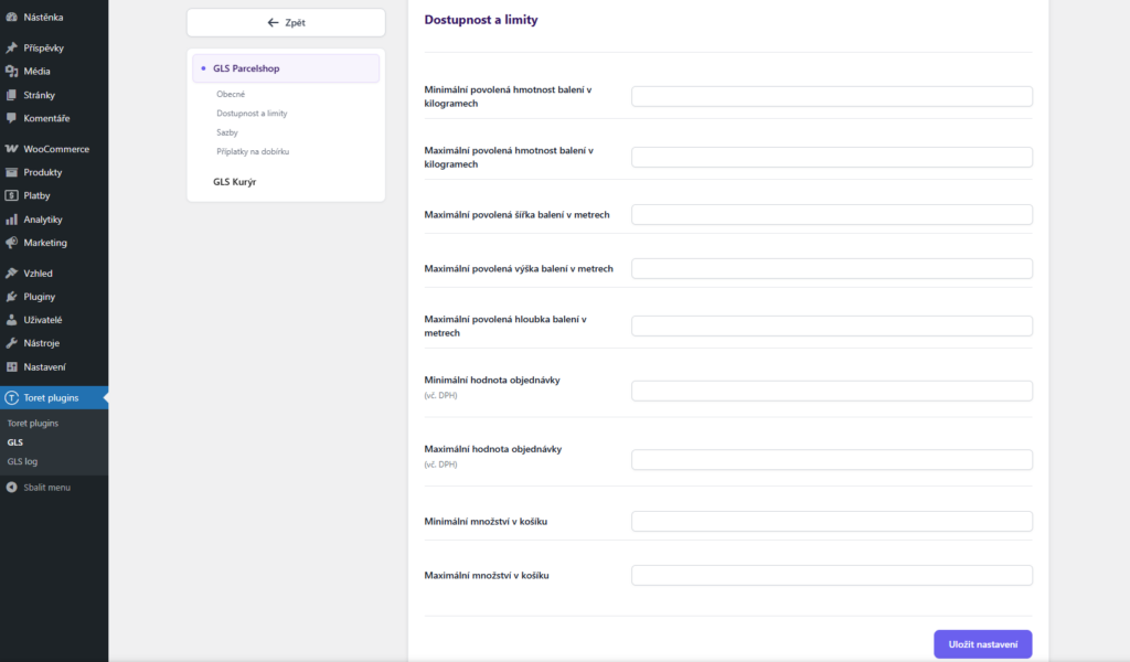 Pluginu Toret GLS - nastavení dostupnosti