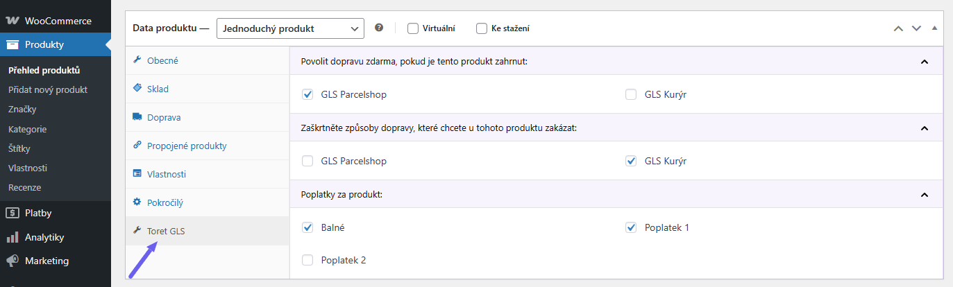 Plugin Toret GLS - nastavení pro produkt