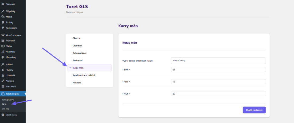 Plugin Toret GLS - nastavení směnných kurzů