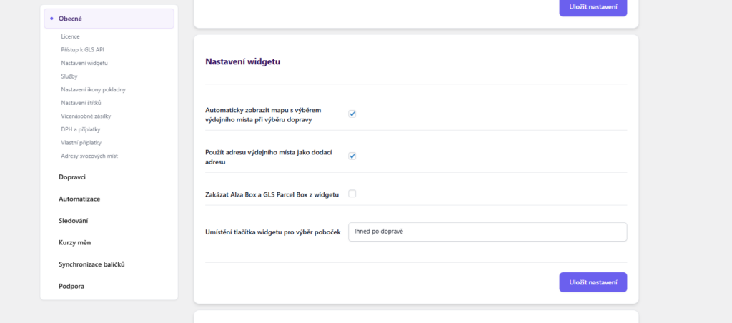 Plugin Toret GLS - nastavení widgetu
