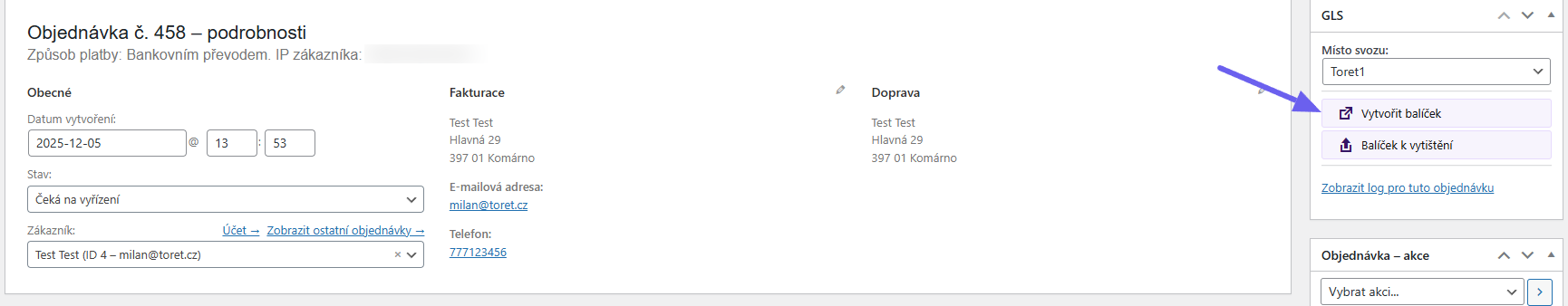 Plugin Toret GLS - podání zásilky
