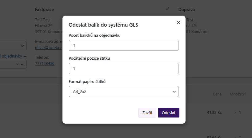 Plugin Toret GLS - podání zásilky