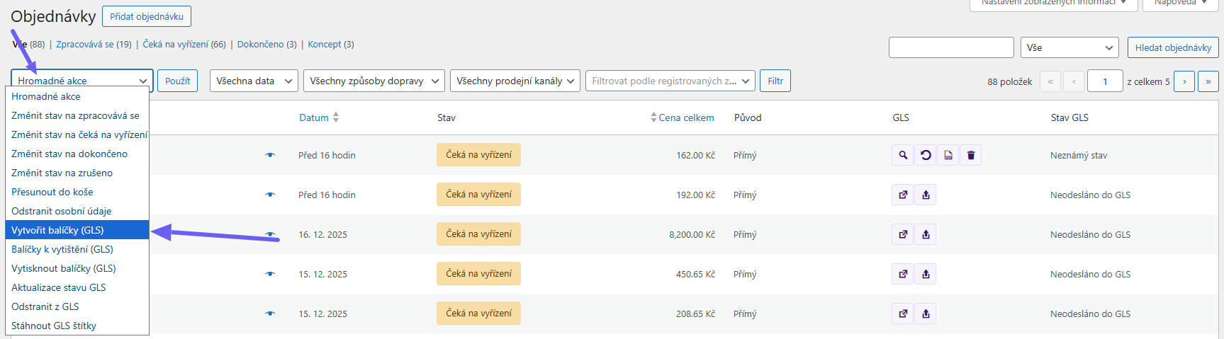 Plugin Toret GLS - hromadné podání zásilek