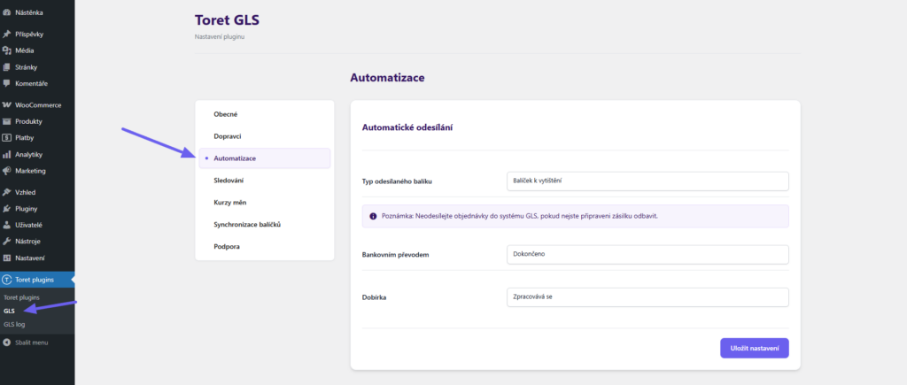 Plugin Toret GLS - automatické podání zásilky