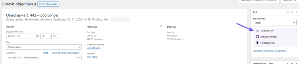 Plugin Toret GLS - sledování zásilky v administraci