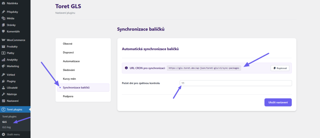 Plugin Toret GLS - synchronizace balíčků