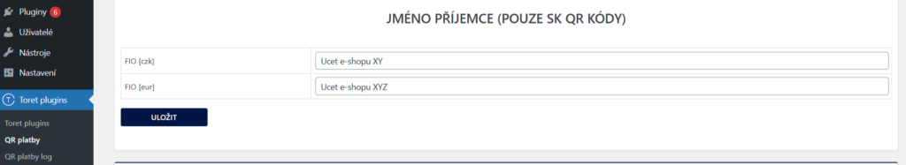 Plugin Toret QR platby - nastavení jména příjemce