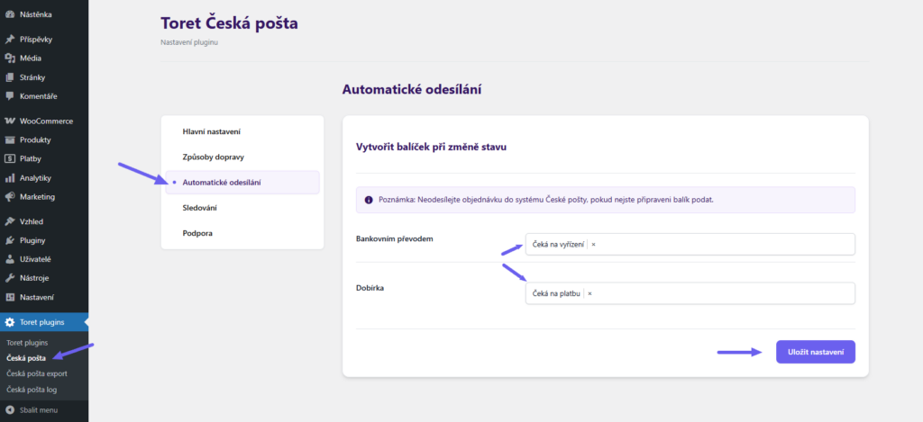 plugin Toret Česká pošta - vytváření zásilek - automatické